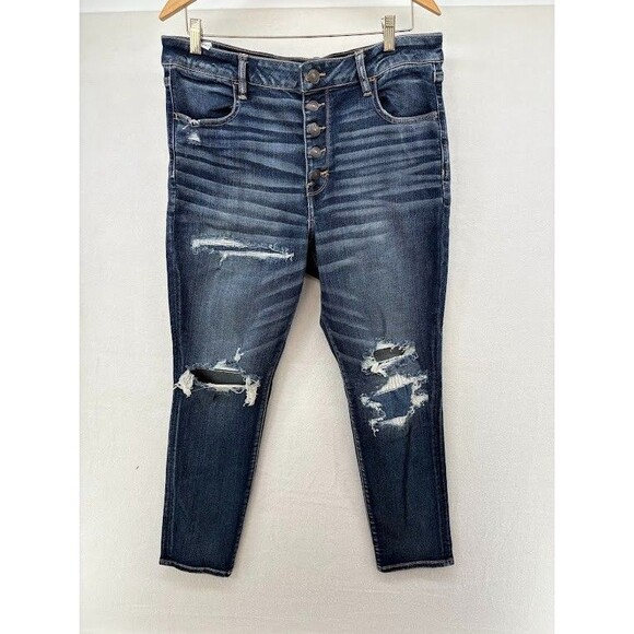 American Eagle Hi-Rise Jegging Jeans SIze 18 SHORT Button Fly Distressed Dark - Picture 1 of 13